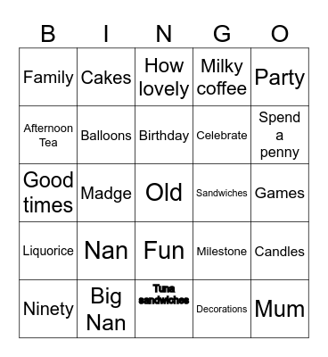 Nan’s 90th Bingo Card