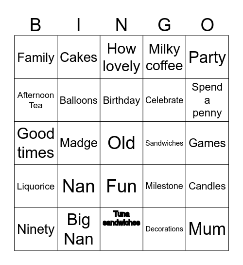 Nan’s 90th Bingo Card