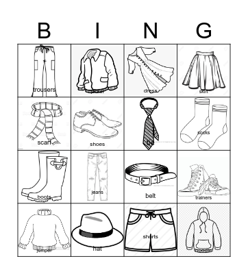 Clothes Bingo! Pictures Bingo Card