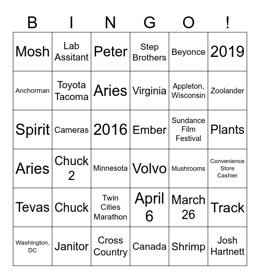 Hana + Pete BINGO! Bingo Card