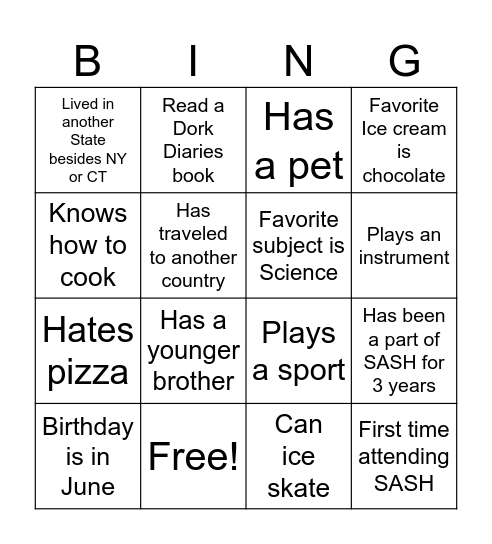 SASH Ice Breaker 2024 Bingo Card