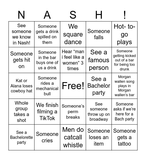 Nashville Bingo Card