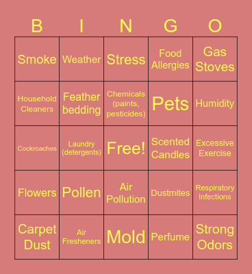 Asthma Triggers Bingo Card