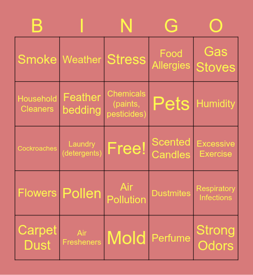 Asthma Triggers Bingo Card