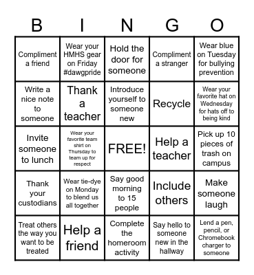HMHS WEEK OF RESPECT BINGO Card