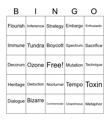 Vocabulary Bingo Card