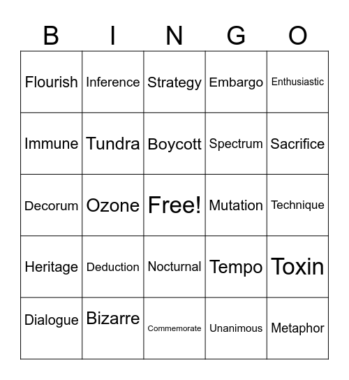 Vocabulary Bingo Card