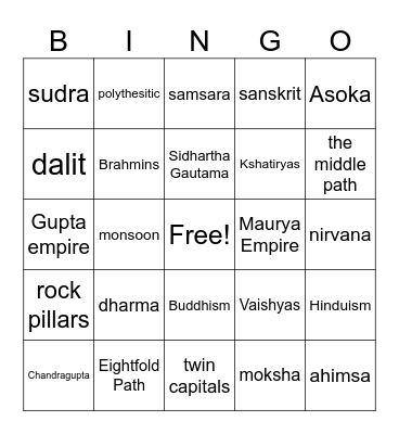 Ancient India Bingo Card