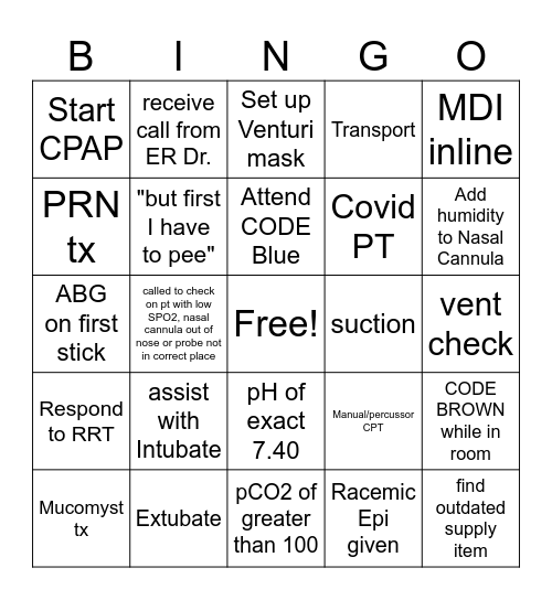 Respiratory Therapy Bingo Card