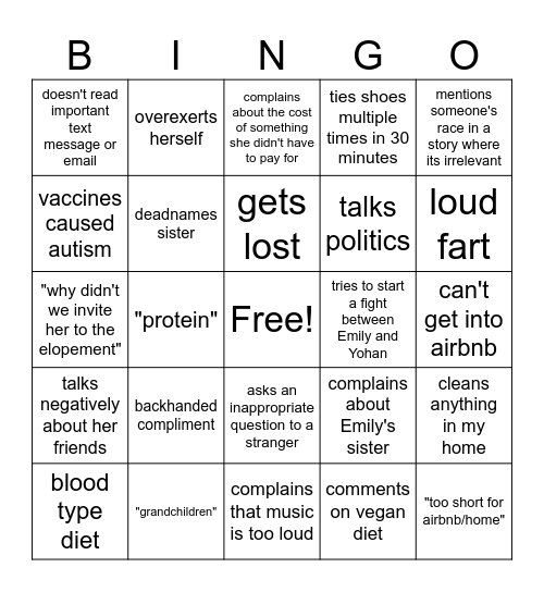 Emily's Mom Bingo Card