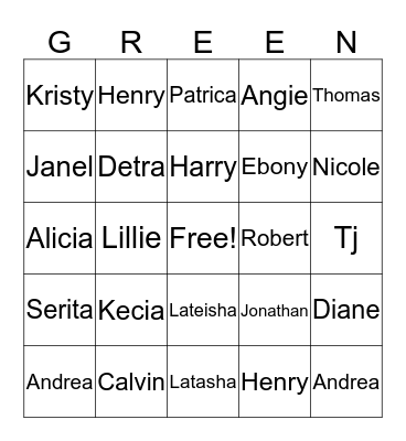 Green Family Reunion Bingo Card