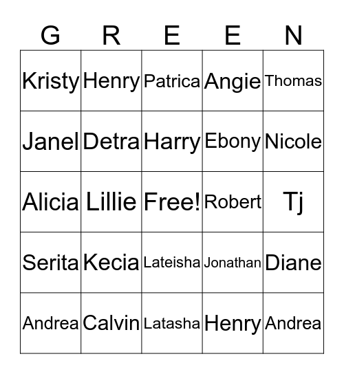 Green Family Reunion Bingo Card