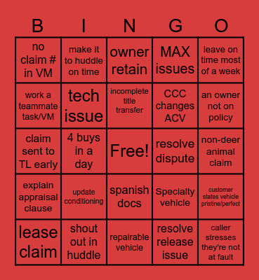 Claims Bingo the sequel Bingo Card