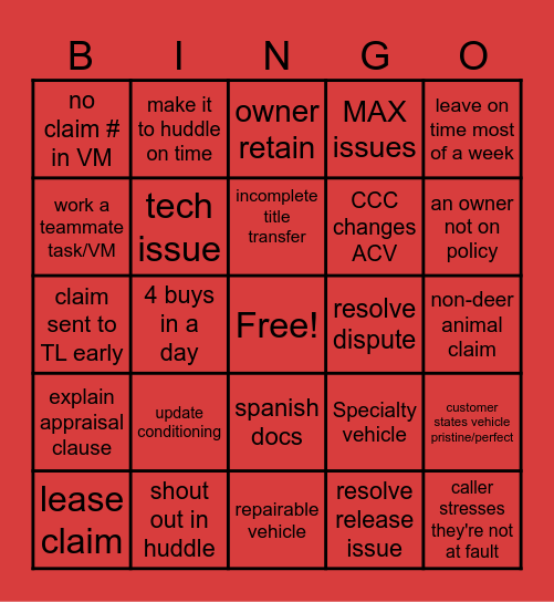 Claims Bingo the sequel Bingo Card