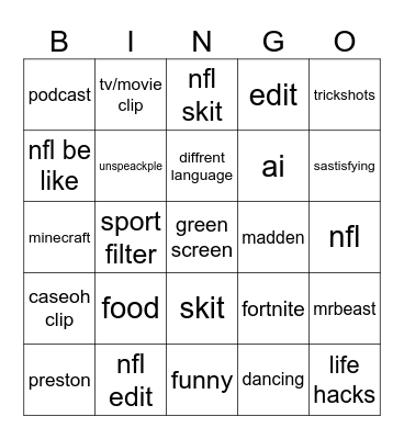 youtube shorts Bingo Card