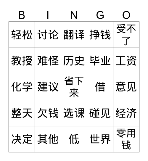 zhong wen Bingo Card