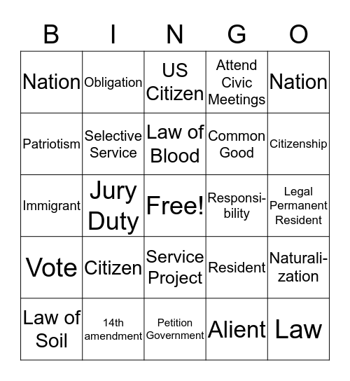 Citizenship  Bingo Card