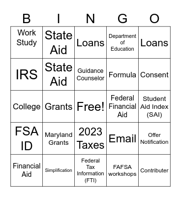 Financial Aid Information Night Bingo Card