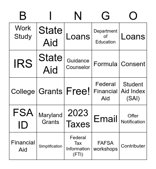 Financial Aid Information Night Bingo Card