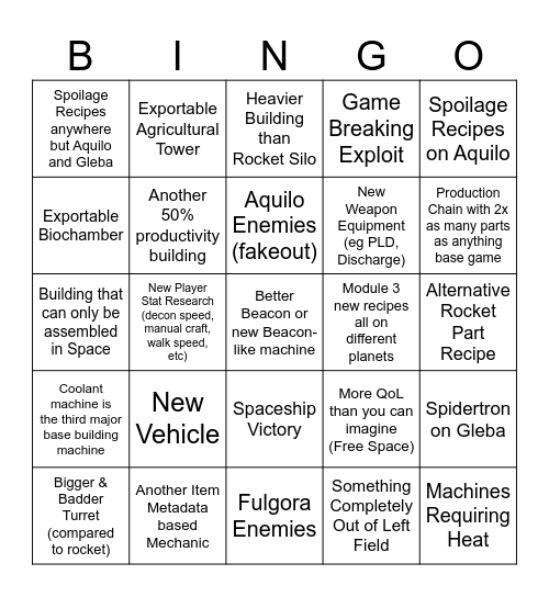 Factorio Expansion Bingo Card