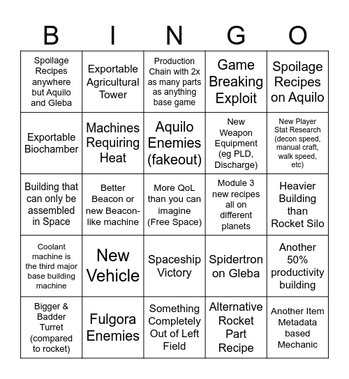 Factorio Expansion Bingo Card