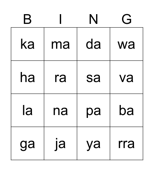 Sílabas con a Bingo Card