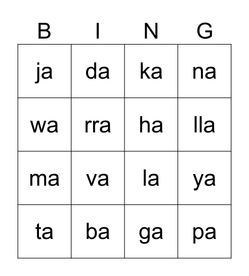 Sílabas con a Bingo Card
