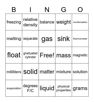 Matter Vocabulary Bingo Card