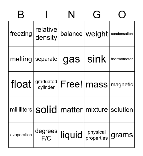 Matter Vocabulary Bingo Card