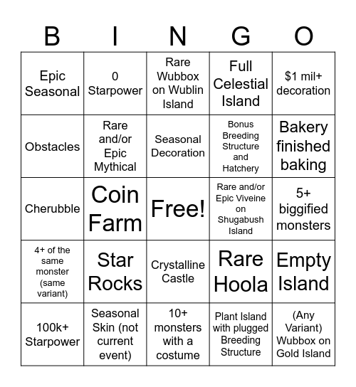 My Singing Monsters Random Island Bingo Card