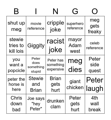 family guy Bingo Card