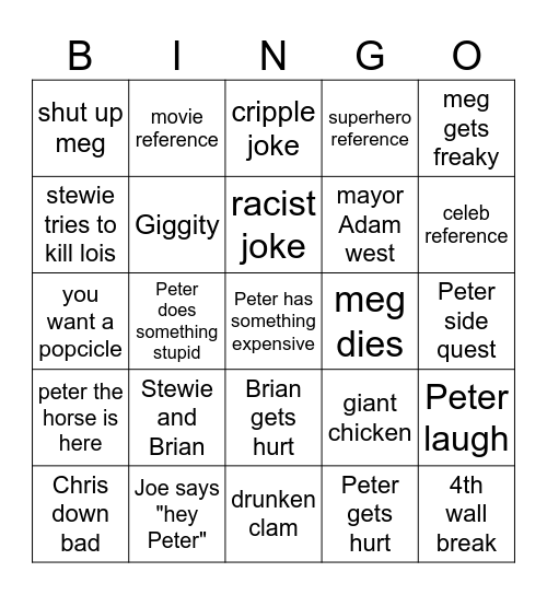 family guy Bingo Card