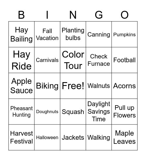 Oakview Fall Bingo Card