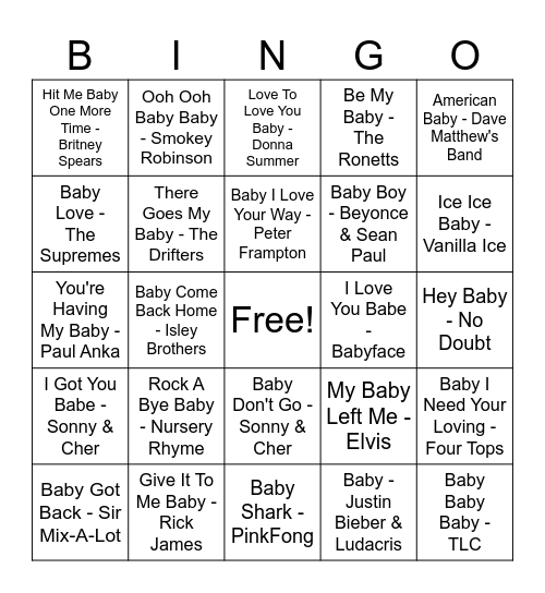 Baby in title Music Bingo Card