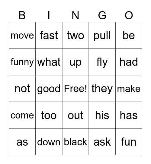 Unit 1 High Frequency Words Bingo Card