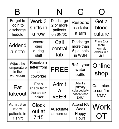 PEDS PA BINGO! Bingo Card