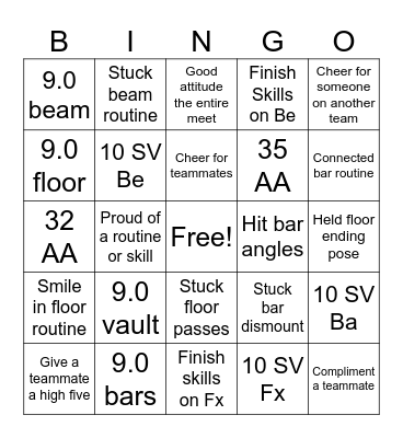 Gymnastics Meet Bingo Card