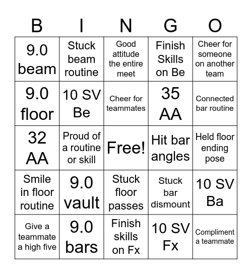 Gymnastics Meet Bingo Card