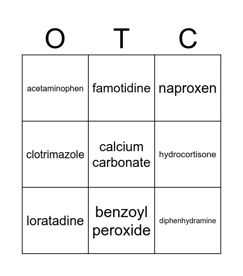 Over the Counter Bingo Card