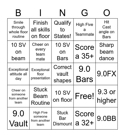 GYMNASTICS BINGO Card