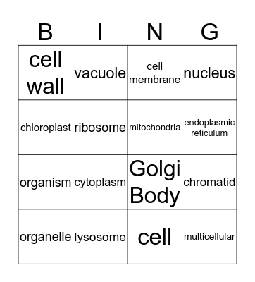 CELLS and Organelles Bingo Card
