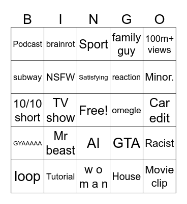 Youtube short bingo Card