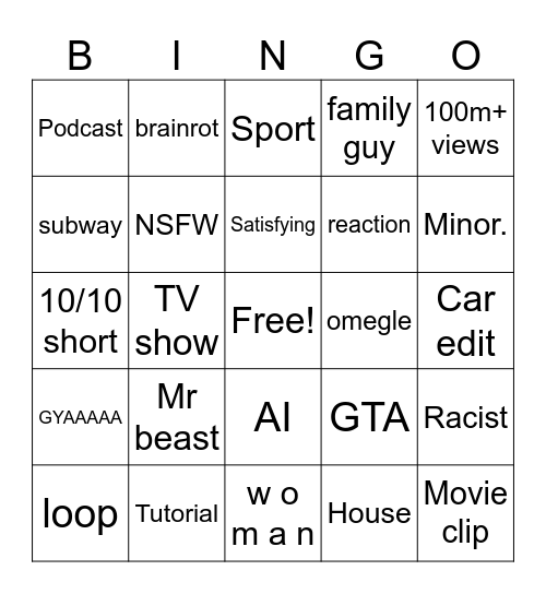 Youtube short bingo Card