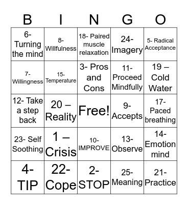 Distress Tolerance Bingo Card