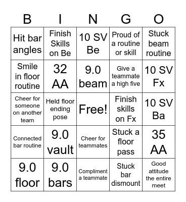 Gymnastics Meet Bingo Card