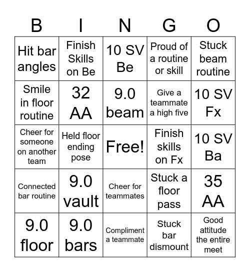 Gymnastics Meet Bingo Card