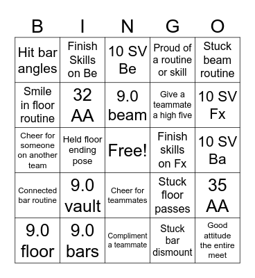 Gymnastics Meet Bingo Card