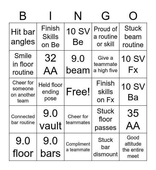 Gymnastics Meet Bingo Card