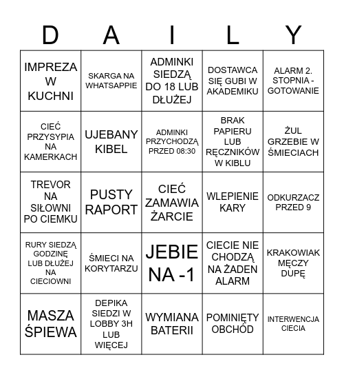 BINGO JEDNODNIOWE Bingo Card