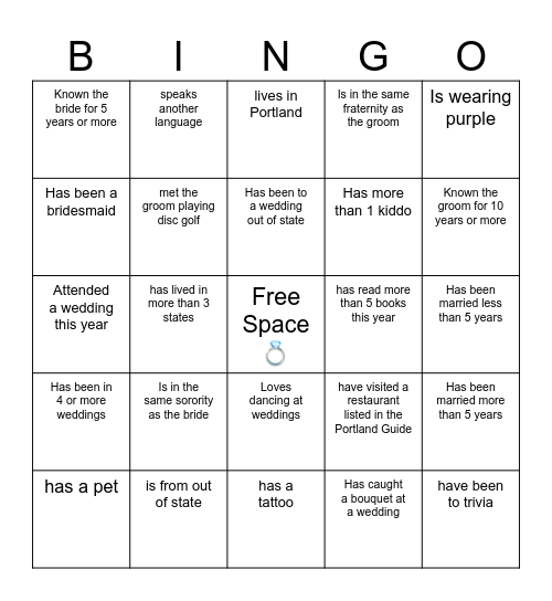 Wedding  BINGO.... find someone who.. Bingo Card